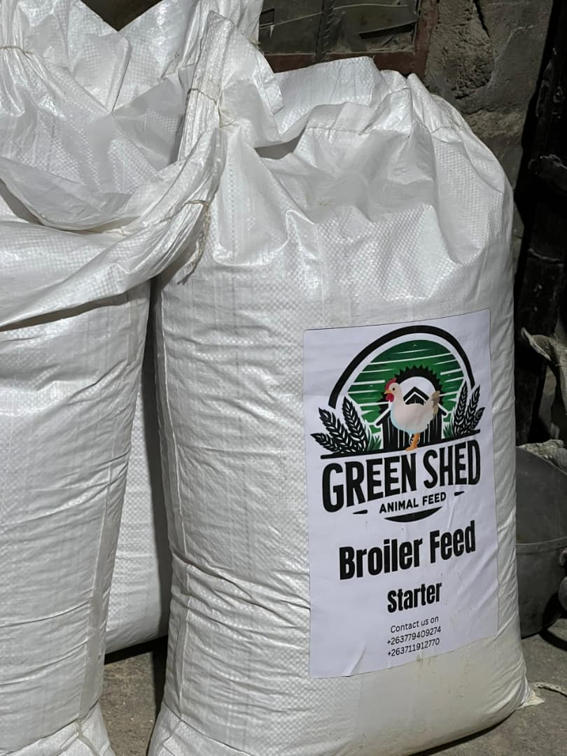 Bags of Green Shed broiler starter feed